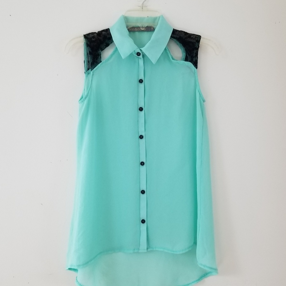 Finn & Clover mint sheer sleeveless button Tunic